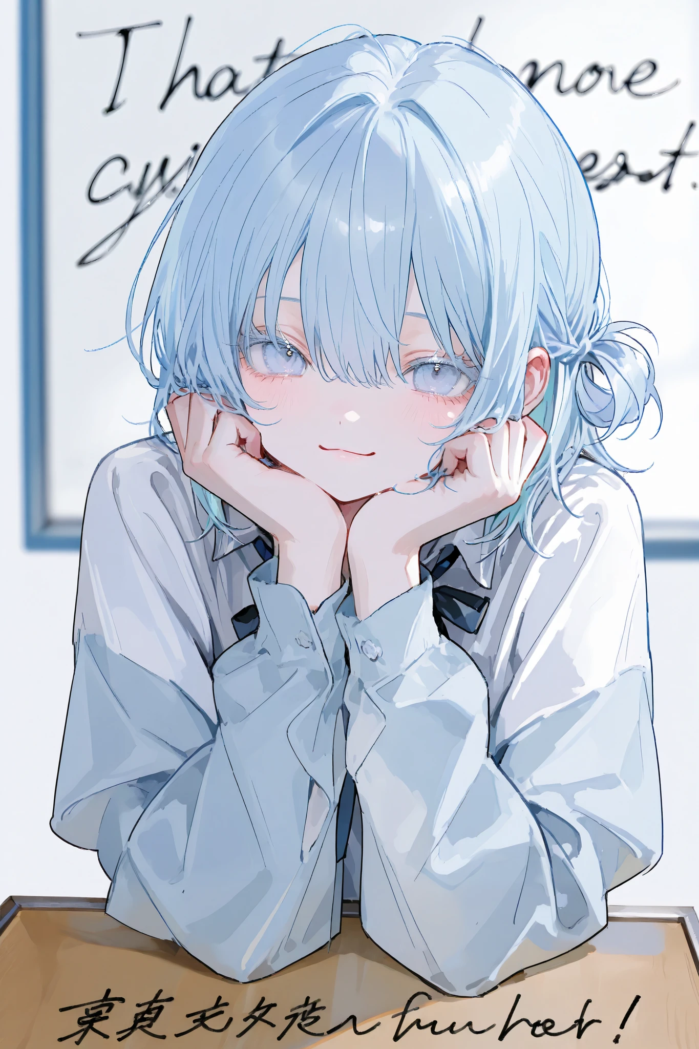 masterpiece、 best quality、Good quality、 average quality 、 very detailed、 very beautiful、 absurd、 blurry background、 depth of writing、 natural light、 soft writing 、Good move 、 detailed eyes drawn on the board、light blue hair tied at the top、sensitive、hidden hair、Alone、 viewers in one image , is standing,a , Light blue eyes ,White eyelashes ,cute clothes ,simple background 、semi-long、short hair、