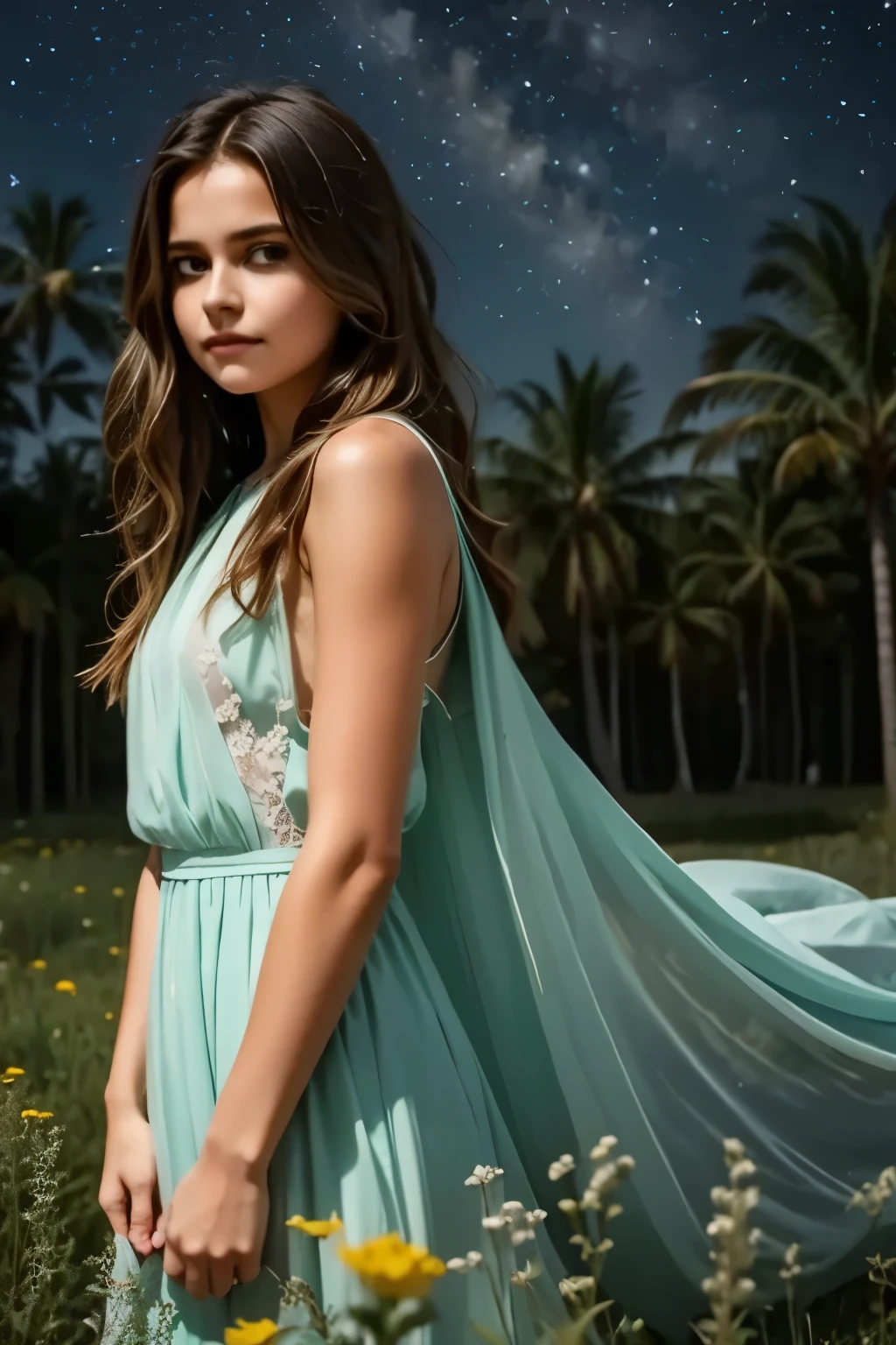 A dreamy landscape unfolds: a solitary girl with flowing hair and ethereal gown, set against a kaleidoscope of wildflowers and towering trees, bathed in soft moonlight that casts an otherworldly glow on her tranquil face. In the distance, stars twinkle like diamonds scattered across the celestial canvas, while the forest's ancient magic whispers secrets to the wind.