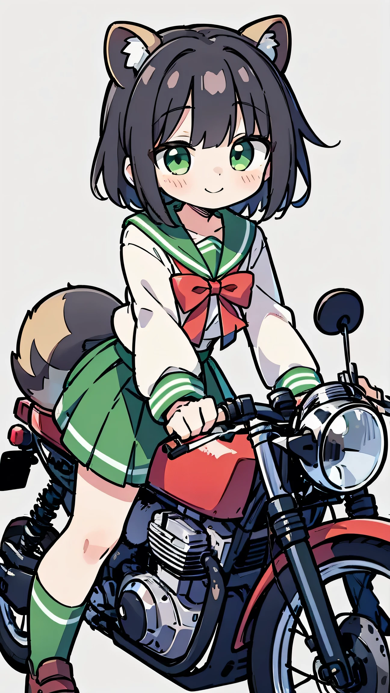 anime style、 woman、 Raccoon Ears、Raccoon Tail、 black hair、 green eyes、 short hair、 Green Sailor Suit、red ribbons、long skirt、knee-high、simple background、smiles、riding a motorcycle