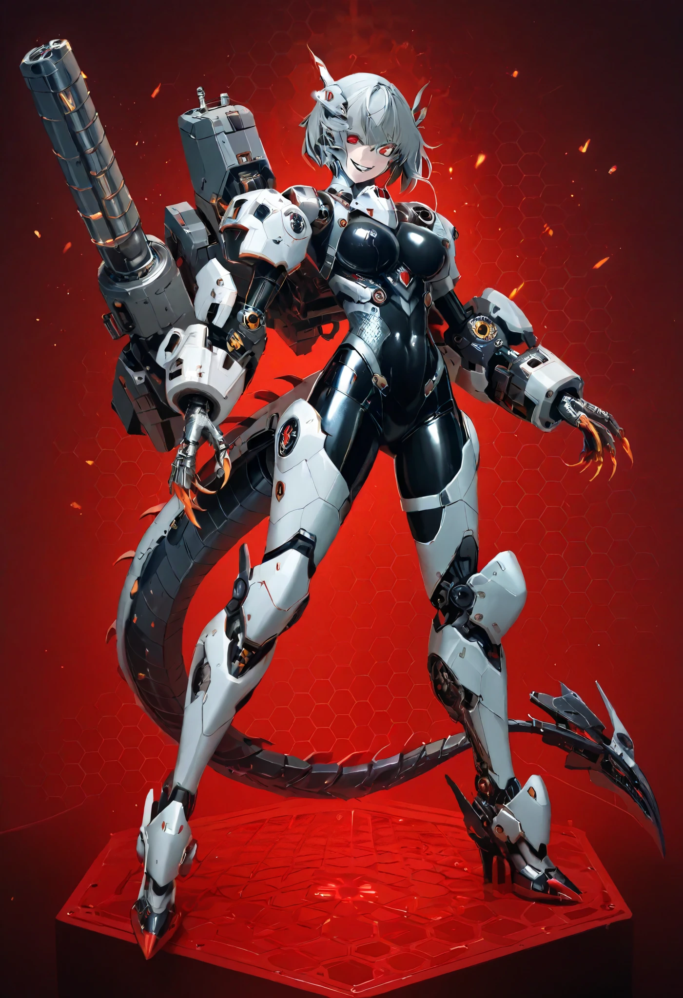 Mechanical Weapon Girl. (Upper body image.)Full body bodysuit. Latex. Cyber style. Honeycomb pattern bodysuit. Light armor. Look of contempt. Evil smile. Grey hair. Breasts perky. Glowing red eyes. Glowing core. A mechanical monster in the background. Large mechanized hands. Sharp claws. Mechanical dragon tail. Weapons on the back. Battleship elements.
