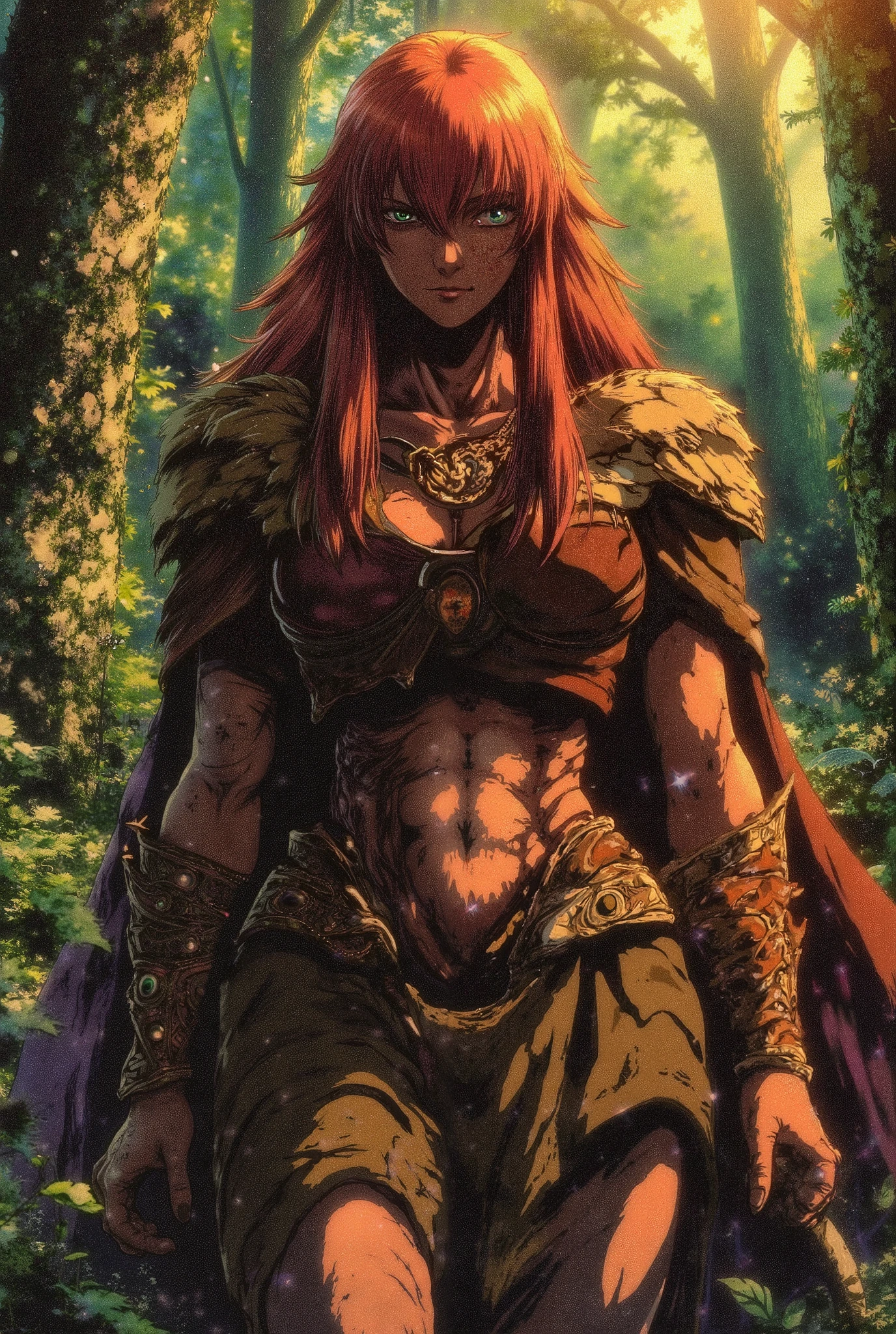 red-haired woman, alterophilist, green eyes, white skin with freckles, Celtic clothing, Boadiceia, Celtic warrior, in a forest, medieval