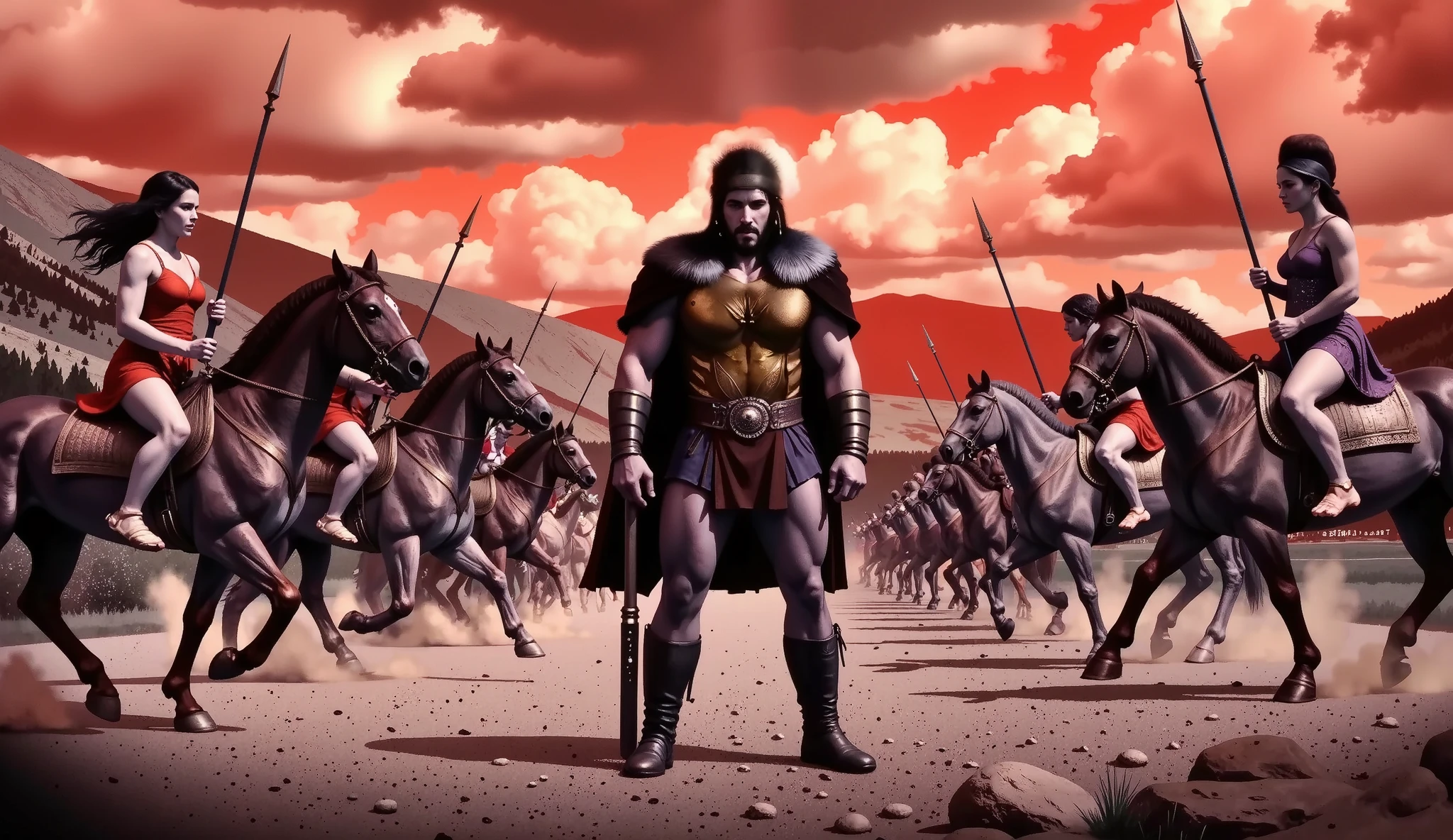 Hercules standing on the ground, surrounded by Amazon warriors on horseback wielding spears.