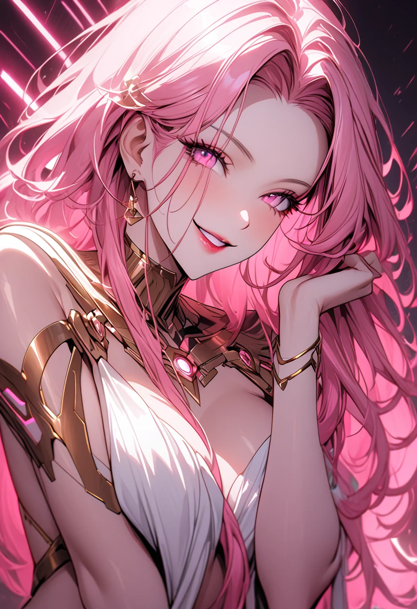 solo female, medium shot, long luxurious pink hair, pink eyes, artificial intelligence shaped after the Greek goddess Aphrodite, cyberpunk, futuristic, eager smile, elegant simplicity, cyber space, white and silver and pink theme, romantic, mature beauty, gold accents, bronze accents, pinup pose, futuristic temple palace