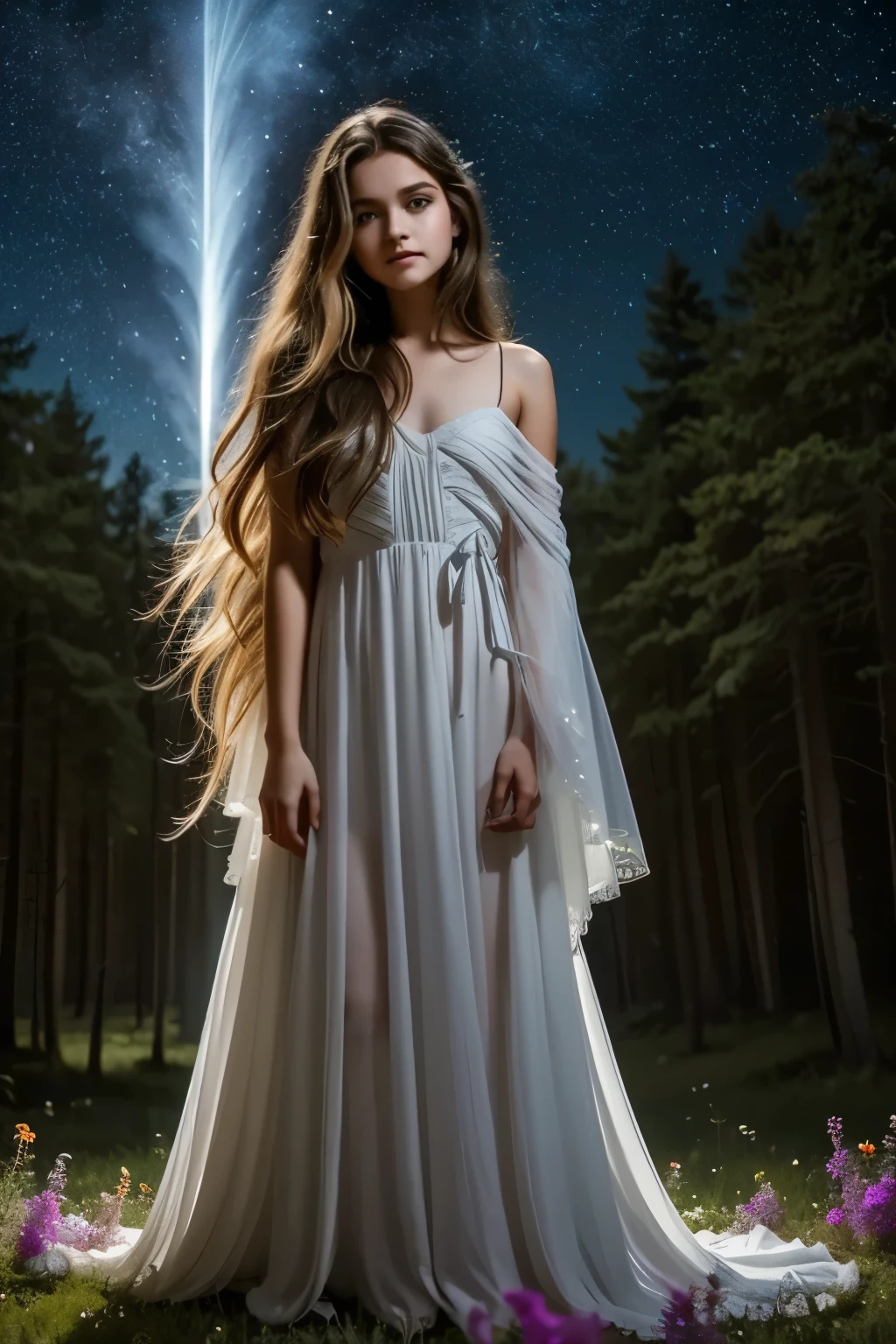 A dreamy landscape unfolds: a solitary girl with flowing hair and ethereal gown, set against a kaleidoscope of wildflowers and towering trees, bathed in soft moonlight that casts an otherworldly glow on her tranquil face. In the distance, stars twinkle like diamonds scattered across the celestial canvas, while the forest's ancient magic whispers secrets to the wind.