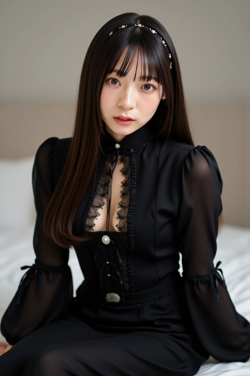 Pure young Japanese girl, wearing dark color classical suits and skirts, (lace panty), (stockings), vivid makeup, natural black hair styles, sitting in antique gothic style rooms, spread wide legs, sweet smile, secret temptations, professional portrait photography,