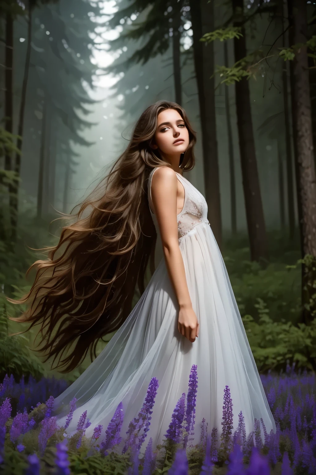 A dreamy landscape unfolds: a solitary girl with flowing hair and ethereal gown, set against a kaleidoscope of wildflowers and towering trees, bathed in soft moonlight that casts an otherworldly glow on her tranquil face. In the distance, stars twinkle like diamonds scattered across the celestial canvas, while the forest's ancient magic whispers secrets to the wind.