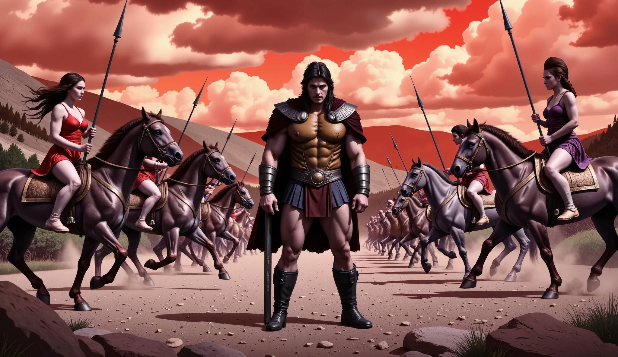 Hercules standing on the ground, surrounded by Amazon warriors on horseback wielding spears.