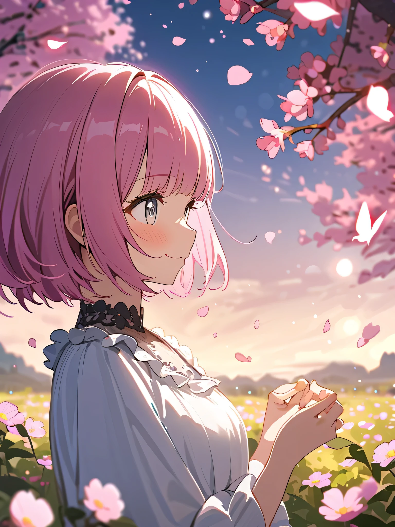 profile view, absurdres, highres, ultra detailed, 1girl ,
break,
bokeh photography, soft focus, out-of-focus highlights,
dreamy ambiance, glowing circles, mesmerizing depth,
break,
Flower Fields: Frame the Scene with Blooming Petals,
Blossoming Branches, and Vibrant Foliage,
break
16's years old, short hair, tight bangs、round face, pink hair, ((grey eyes)), cute eyes,smile, natural make up、Fluffy dress、hair ornament