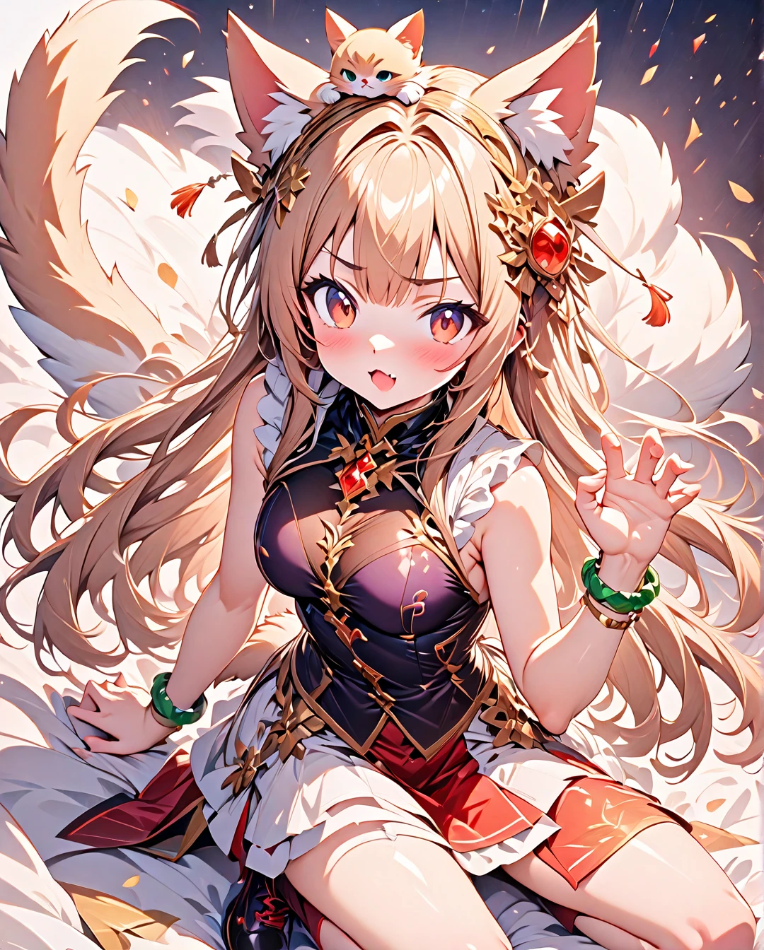 ((Best quality, 8K, Masterpiece: 1.4)),((Amazing detail: 1.3)),((illustration, Huge breasts: 1.2)),((High resolution1.1)),1girll,fox spirit,Kitsune,Hairstyle Casual,Fox ears,red hairband,flowers in head,W-sitting,Bandeau top,Anime style,Manga,Sexy,exposed,Makeup,torogao,Seductive smile,Half-open eyes,Simple background,mitts,Bell necklace,full bodyesbian,Amazing art of painting,Heterochromic pupils