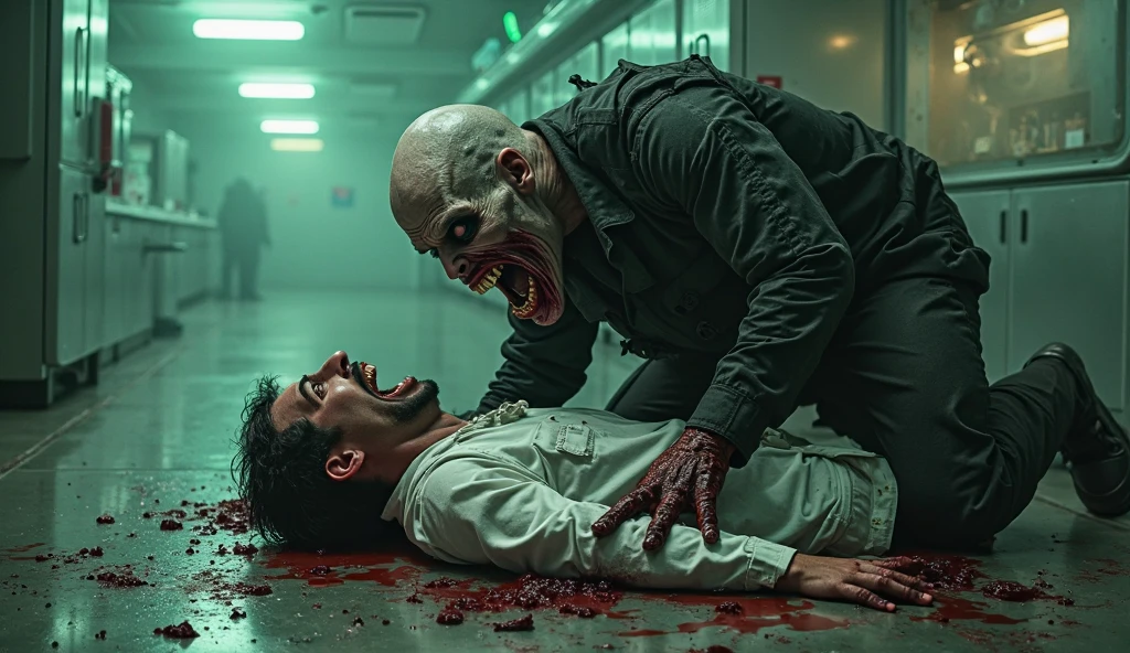 Aggressive chubby man with long fingernails wearing make-up is lying sick in a hospital bed and has a voodoo doll in his hand. Demons are standing around him, the demons are laughing at him.