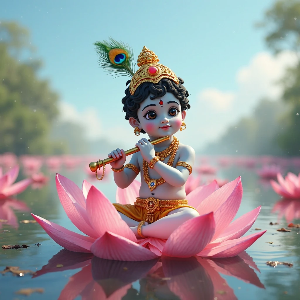 Lord Krishna as a baby, sitting on a pink lotus flower in a pond, playing a flute, wearing a golden crown with a peacock feather in it 