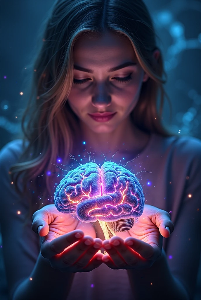 Glowing brain and the back is books