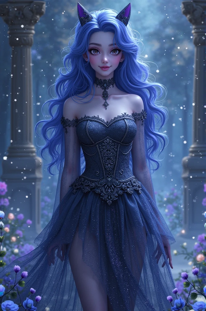 a beautiful woman, with Dark purple hair, pale, an eye with red color, and the other with the pink color, fangs, a blue dress from ancient times, with a sword in hand