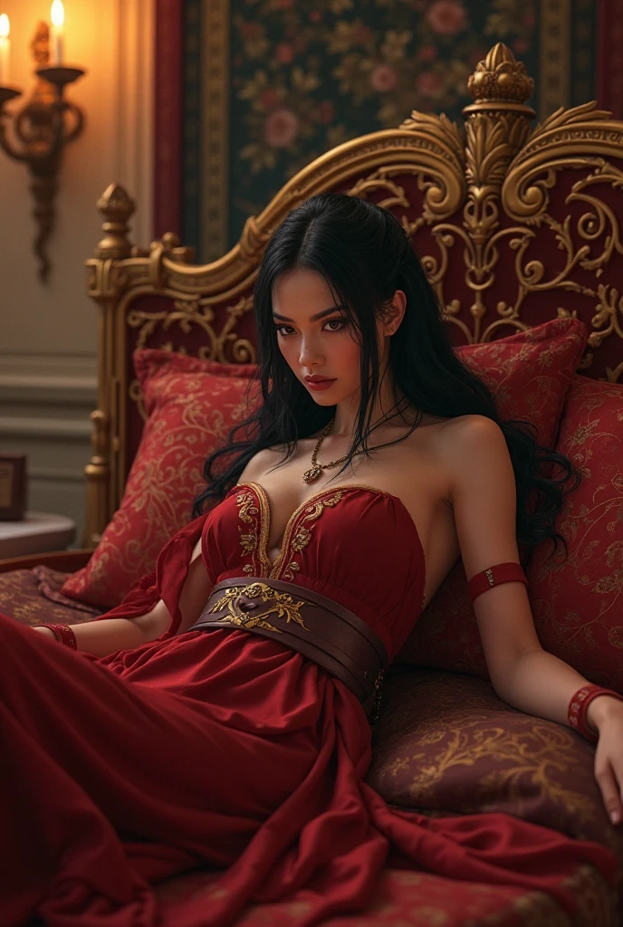 A beautiful Slavic princess, fantasy beauty features, seductive look,, glowing Red eyes, wearing jewels,covered in floral Glowing red crystal filigree, lying on the bed fully covered in jewels and crystals ,big breasts,big boobs, curvy and beautiful body, wearing a bold and majestic dress,hyperdetailed,bold and majestic look
