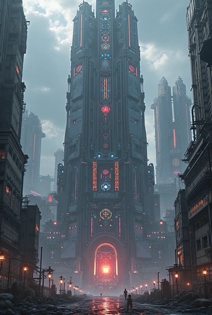 A futuristic, fortified headquarters with advanced technology, set in a dystopian city, inspired by anime aesthetics