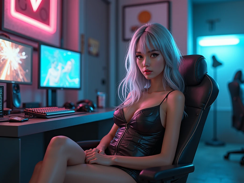 sitting on a chair in a cyberpunk room in a very sexy futuristic outfit with her legs crossed、(RAW shooting:1.2)、(Photorealsitic:1.4)、(​masterpiece:1.3)、(top-quality:1.4)、bright expression、extremely beautyful girl、Extraordinary beautiful girl、Detailed cute and beautiful face、Beautiful bangs、Glowing white shiny skin、facial hairs、Bangs that extend to the face、Bangs between the eyes、Super long hair、Attractive light and dark platinum blonde super long straight silky hainer hair、Attractive glowing beautiful bright clear light blue big eyes、Luxurious dresses、Double eyelids、Lush bust、sitting on a chair in a cyberpunk room in a very sexy futuristic outfit with her legs crossed