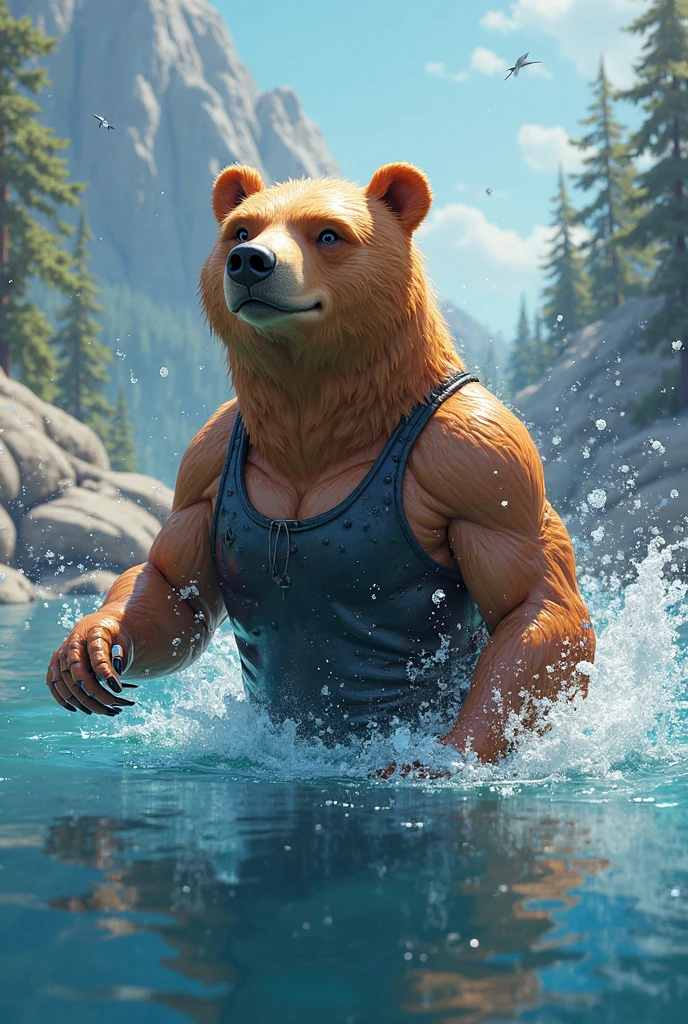 Tanuki, river background, happy seductive face, full portrait, bodybuilder, muscular male, muscular, detailed muscles, detailed fur, bright fur, bright body, twilight, detailed face, high detailed, high resolution, high quality, detailed eyes, detailed background, detailed muscular abs, huge pecs, huge muscular biceps, thick muscular thighs, anthro, loincloth, male, by bomb, by chunie, by bruteandbrawn, by personalami, by kenket, (intricate, high detail, film photography, soft focus, RAW candid cinema, photorealism, realistic, photorealistic, analog style, subsurface scattering, masterpiece, best quality, ultra realistic, 8k)
