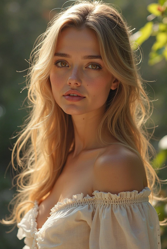 Here is a prompt focused on describing the facial features of the young blonde model while she is standing in a normal, relaxed pose:

The image shows the breathtaking face of a young blonde model with an effortless beauty and striking charm. The model has a fair, smooth complexion and a fresh, flawless skin texture.

Her eyes are a deep, captivating blue-gray shade with long, alluring lashes. Her eyebrows are thin and natural in a darker blonde shade. Her slightly upturned nose gives her a proud, regal look. Her high, prominent cheekbones accentuate her chiseled facial features.

Her lips are full and softly sculpted, with a natural light pink hue. She stands upright in a relaxed, normal pose, her gaze sultry and focused directly at the camera. 

Her long, wavy blonde hair falls softly over her shoulders, revealing a glimpse of her middle part. Her entire look exudes an uncommon grace and presence despite the simple stance.

Elegance and strength blend seamlessly with an unforgettable natural beauty in her demeanor. Her flawless, striking features make her an unforgettable, radiant model.