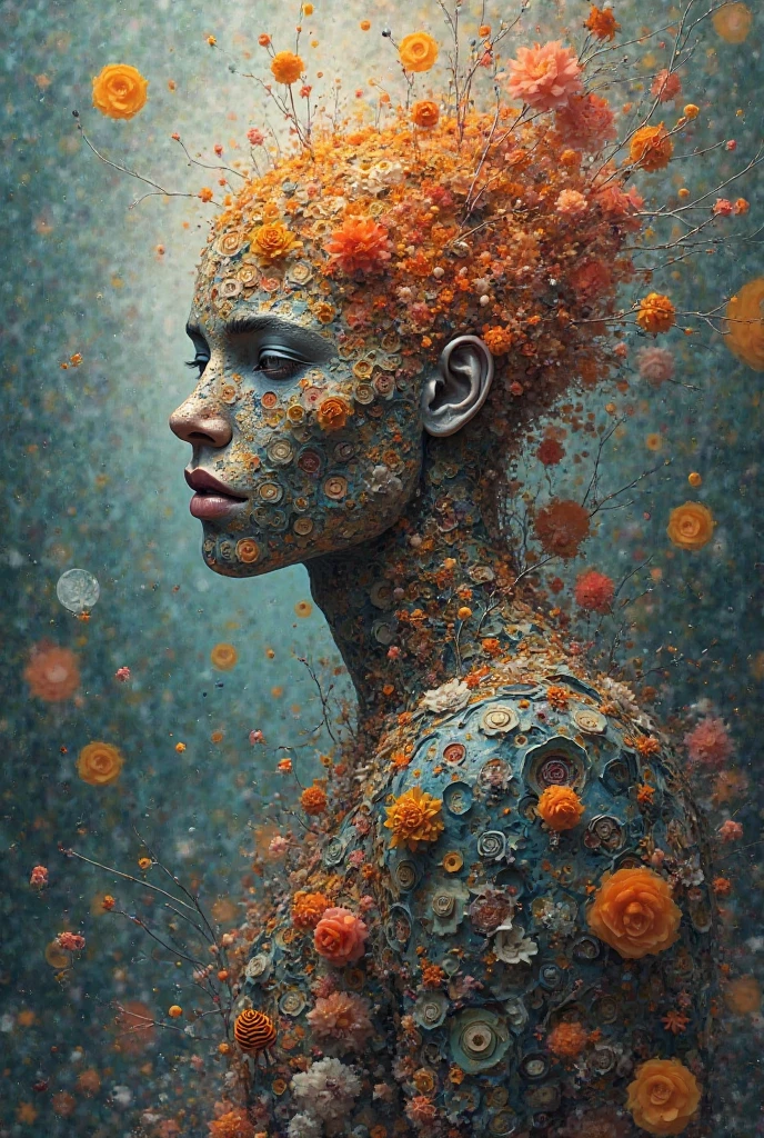 I AM a work of art OF DIFFERENT RACES THAT OBSERVES EVERYTHING AND USES ALL THE ELEMENTS OF OTHER WORLDS surreal that IS the abstract form of a beautiful woman. His figure is composed entirely of intertwined SURREAL THINGS that come in and out, forming A BODY FROM ANOTHER WORLD. THINGS vary in thickness, some daring and others fine, creating a sensation of depth and movement. His face, partially obscured by the intricate patterns, reveals a serene and hopeful expression. The background is a dreamlike swirl of soft pastel colors that blend seamlessly with the lines., suggesting an otherworldly landscape. Subtle touches of light radiate from its shape, symbolizing hope and inner strength, as if emerging from chaos into a world of possibilities. The overall effect is both delicate and powerful., and captures the essence of beauty and hope in an abstract and surreal style. NOTABLE DEPTH OF FIELD RULE OF THIRDS 24K PHOTOSHOP-LIKE FINISH
