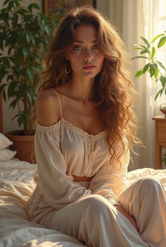(photorealism:1.2), beautiful twelve-year-old girl, sitting on bed, wearing loose off-shoulder top, pajama shorts, long curly hair, indoors, soft lighting, plants in background, window with sunlight, cozy room, relaxed pose, realistic, intricate details, warm colors, by Greg Rutkowski, by Alphonse Mucha