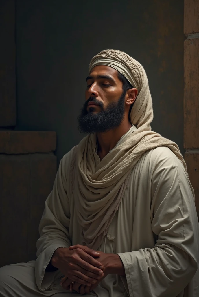 Photograph of Jesus, Arab looking, wearing a white tunic with ancient Jewish headwear, preaching in the temple in Jerusalem, cinematic lighting, depth of field, bokeh, realism, photorealistic, hyperrealism, professional photography, uhd, dslr, hdr