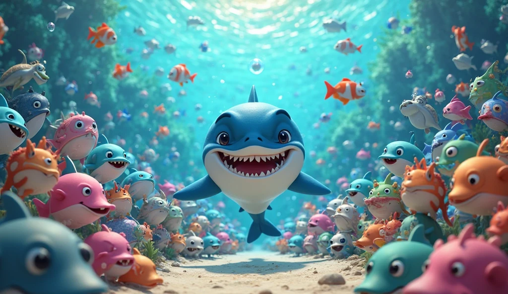 A shark humanoid (age 10, very human face an torso, shark lower body, sea star bra, dark eyes, deep blue hair, shark fin on back, over sized mouth with razor teeth) seen from the side, she is disinterested in the viewer, she is hungrily eating a fish, colorful reef