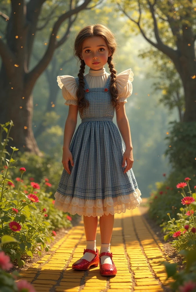 ((best quality)), ((masterpiece)), (detailed), Dorothy Gale wearing silver shoes, yellow brick road, (front view), detailed and extreme, 8k, RAW photo, high resolution, high quality), detailed background, cinematic lighting, back lighting, photorealistic, hyperrealistic, by dasagi, scattered debris