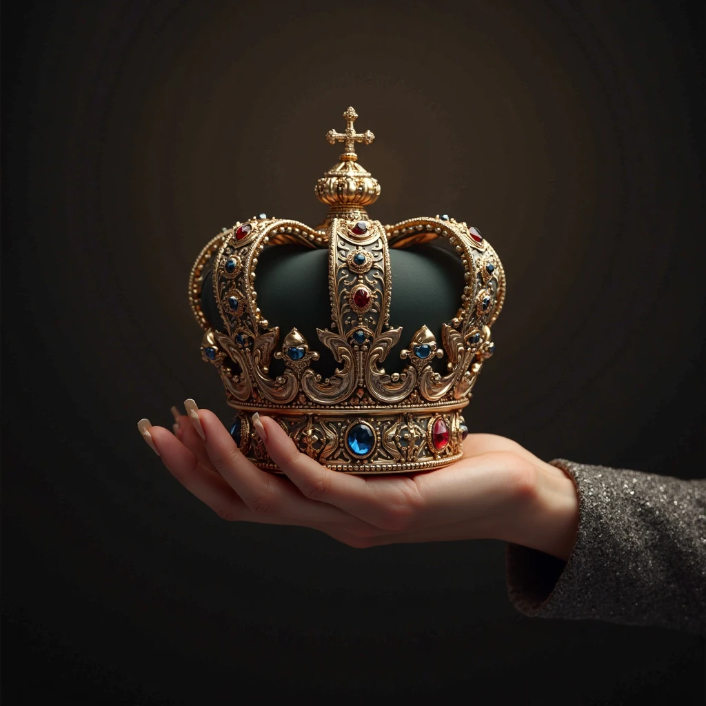 /imagine prompt: Jewelry crown illustration on flesh color background sticker, English fancy font M combined with crown,Bold outline style, Jagged edges, Trash core, Light Shadow --V 5.2