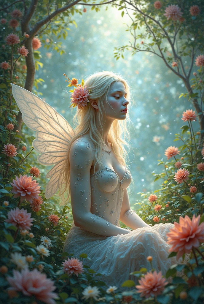 A nude, sexy pixie peeing on a flower