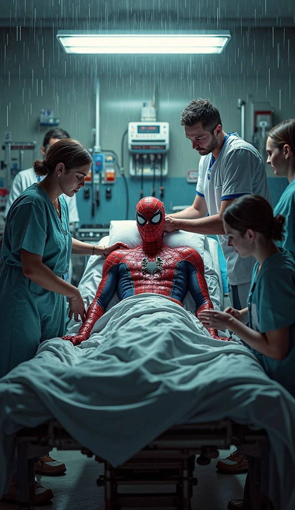 scene of spiderman pushing a pregnant woman on a hospital bed with a nurse in the hospital hallway(fantasy)