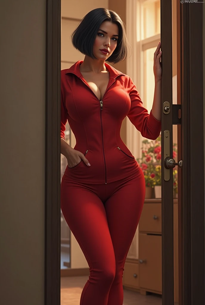 Images of a skinny big girl dressed in red arriving home





