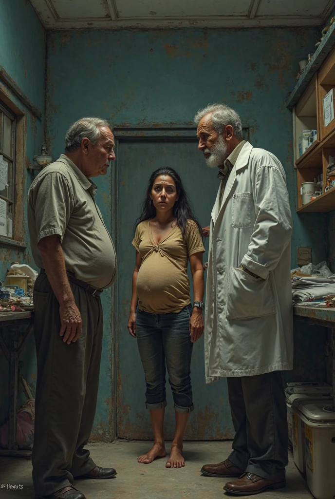A multi-generational family (grandparents, parents, children) stands together in a dimly lit, oppressive environment. The background shows elements of imprisonment, like barbed wire, prison bars, and looming shadows, symbolizing the ever-present threat of punishment. The family members look fearful and anxious, with the youngest child holding onto a parent's leg, highlighting the fear of punishment for a crime they did not commit.