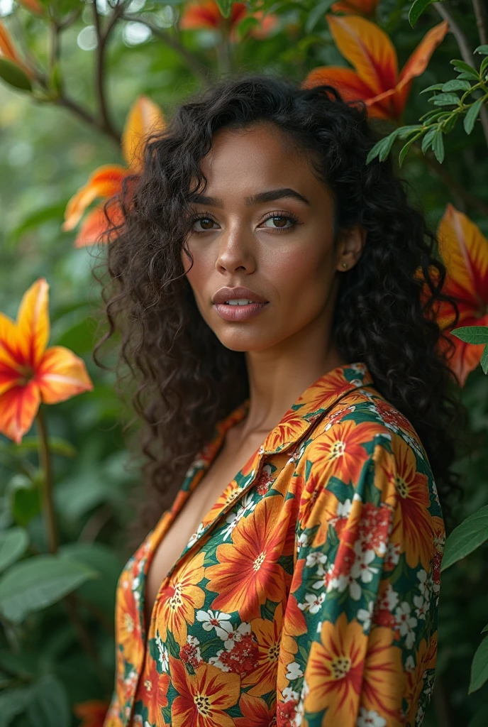 A Brazilian woman in a lush tropical garden, wearing an open shirt with a floral print, with a close-up capturing the harmonious beauty between her breasts and the natural flowers, showing off your natural charm and outgoing personality.