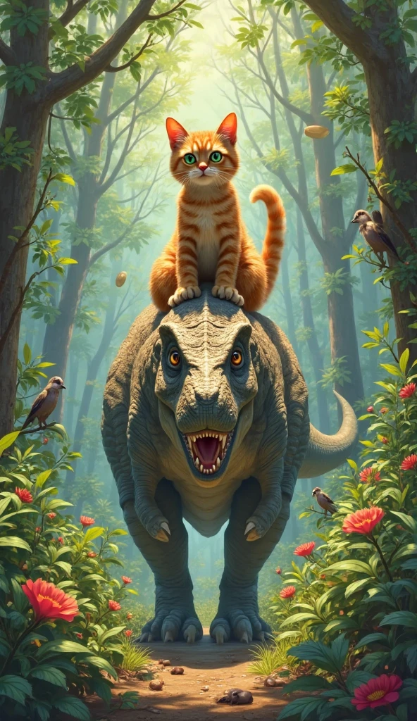 An orange cat riding behind a dinosaur in a colorful, realistic forest