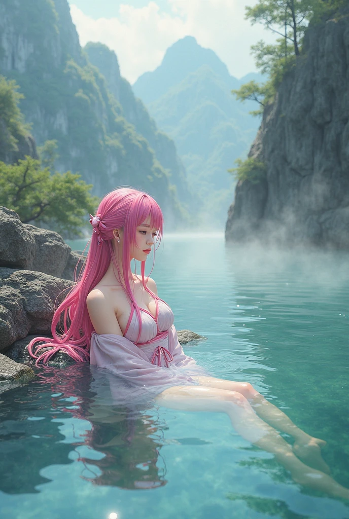 ((Long shot)), beautiful young woman facing in front (extremely long pink curly hair floating on top of mud water), ((both exposed shoulders)), ((wading and bathing nude in mud river, both shoulder depth portrait)), smiling, cute, pretty, extremely beautiful, nature ((best quality)), ((masterpiece)), (detailed), perfect face