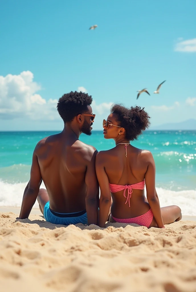 Magnificent detail, 8K Photos, hyper- realism, realistic background, visual depth, wide angle lens, professional light, full body photo. Photo taken from very close up above the face, focusing on the whole body. {A muscular black man in white swim trunks, applying sunscreen to the back of a blonde, naturally fair-skinned woman., dark-toned blue eyes, 23 year old, topless on the beach lying on her stomach, with her face resting on her arms. Charming thin face, Extremely beautiful, Small forehead, thin chin, small jaw, A light gaze, dolce, thin eyebrow. She is so beautiful and sweet, that becomes sexy. Topless Big Beautiful Breasts. panties garter thong, clearly showing your round, visible butt. Your legs are bent, with perfect feet up high. A black man in white swim trunks is applying sunscreen on the woman's back..