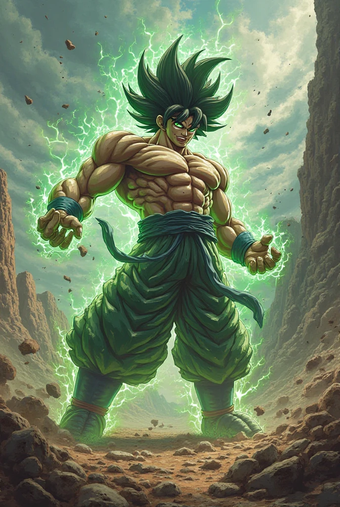 Make Broly from Dragon Ball Z but have her be a woman and in a position of accumulating energy while her fists are closed and her arms are bent forward with her torso slightly back and her profile turning slightly.