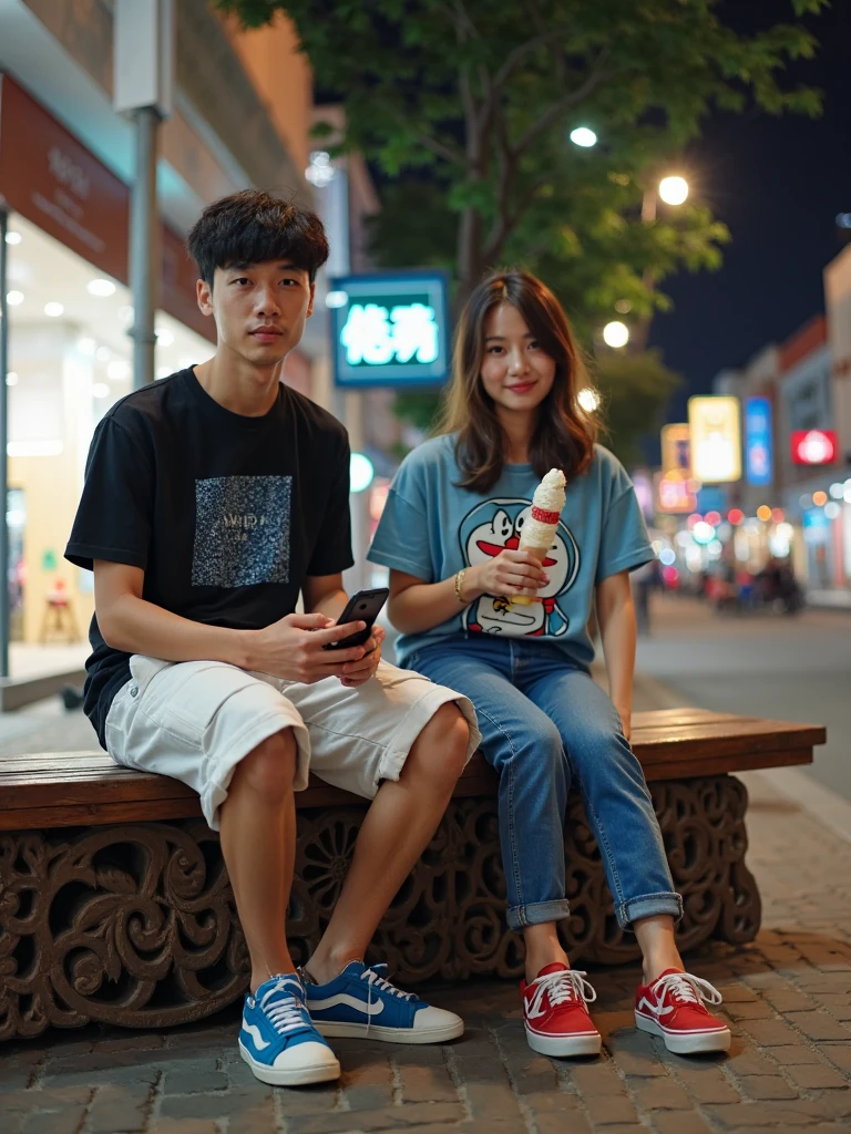 Professional photo shows a handsome short-haired handsome white-faced Asian 20-year-old man wearing a black T-shirt layered over a blue box motif casual shirt , wearing white short cargo pants and blue sneakers holding a mobile phone, in the company of a beautiful 20-year-old Asian girl wearing a casual dress t-shirt with a picture of doraemon , blue jeans and red sneakers and carrying ice cream, medium pose facing the front sitting long carved wooden bench beside the street pavement and under the street sign that reads "Malioboro", at night , on the street of the shopping complex with sparkly street lights . HD, realistic , real looking , camera front view
