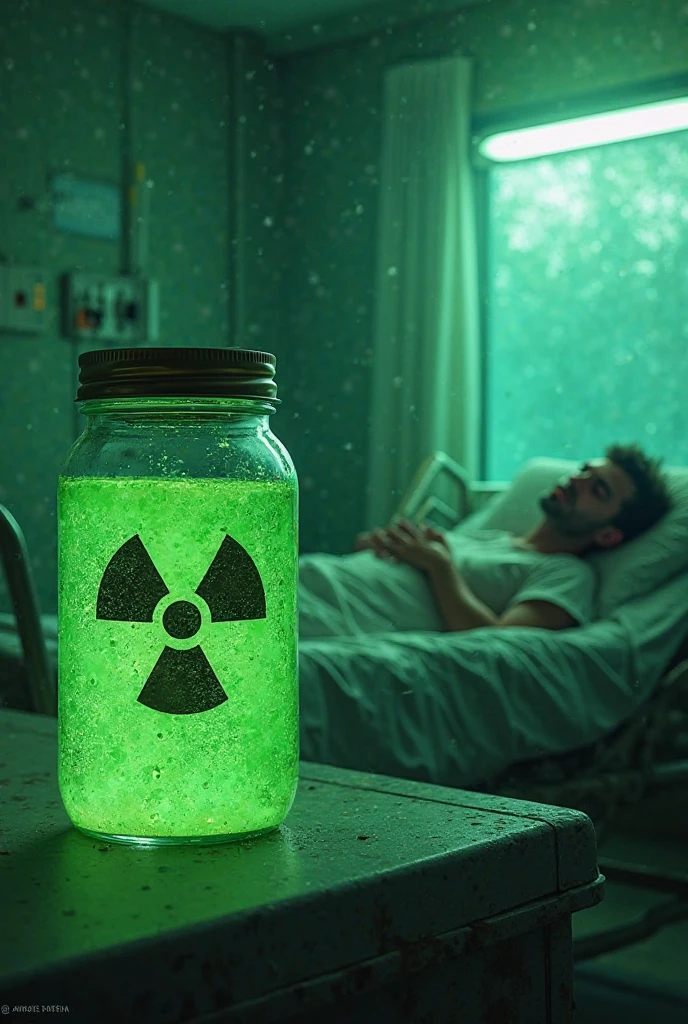 A jug of water with a strange, glowing liquid in it sits on a nightstand next to a bed in a gloomy room., A sick woman lies in bed