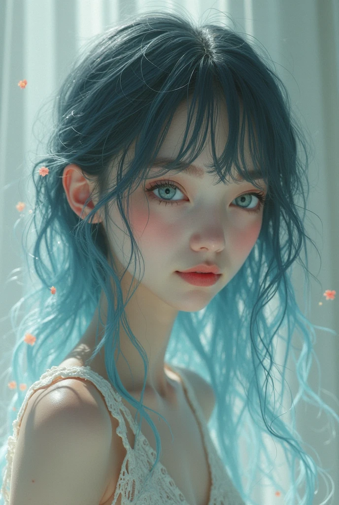 (best qualtiy,4K,tmasterpiece:1.3),Beutiful women,hyper realisitc,1girll,,sit-ups:1.1,dark brown hair:1.1,(Wet rain,Rain wet 0),Super detailed face,Detailed lips,Detailed eyes,二重まぶた,Side posture,poolparty,lying at the pooledge,shift dresses,Blue and pink hair,the sunset