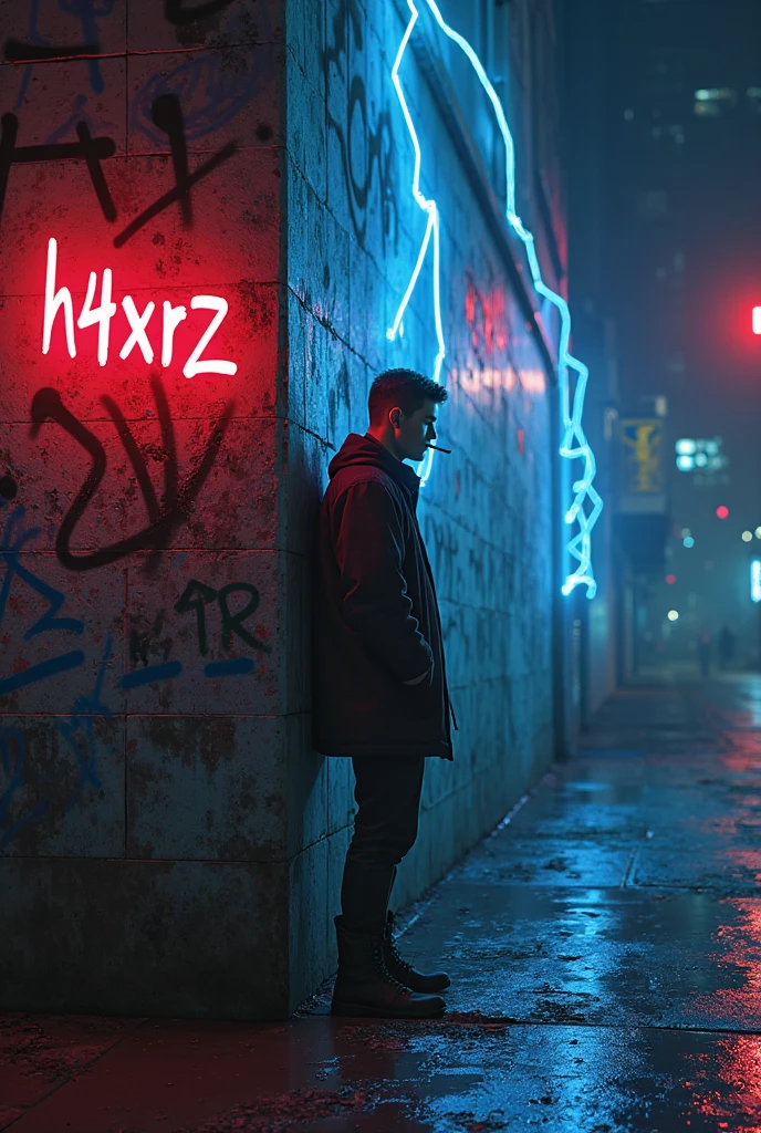 "A dark, moody scene in a dimly lit urban alley at night, with neon signs flickering. A figure in a hoodie and mask leans against a wall, surrounded by graffiti with a gritty, underground feel. The colors are deep purples, blues, and blacks, with a touch of neon pink, evoking a mysterious, atmospheric vibe reminiscent of Phonk music."