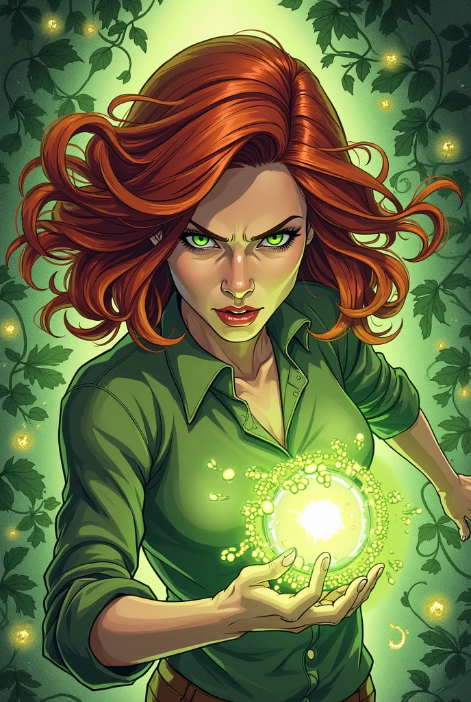 ComiDusk, tarot card style, trading card style, 1girl, solo, auburn hair, southern belle, green eyes, looking at camera, art by artgerm, in the style of salvador lacrocca, ComiDusk
