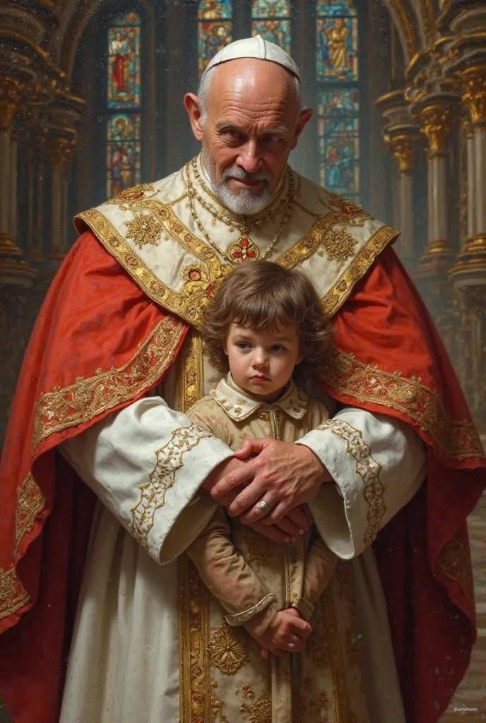 The Catholic Holy Father weeping over a child's coffin draped with the flag of the United States of America