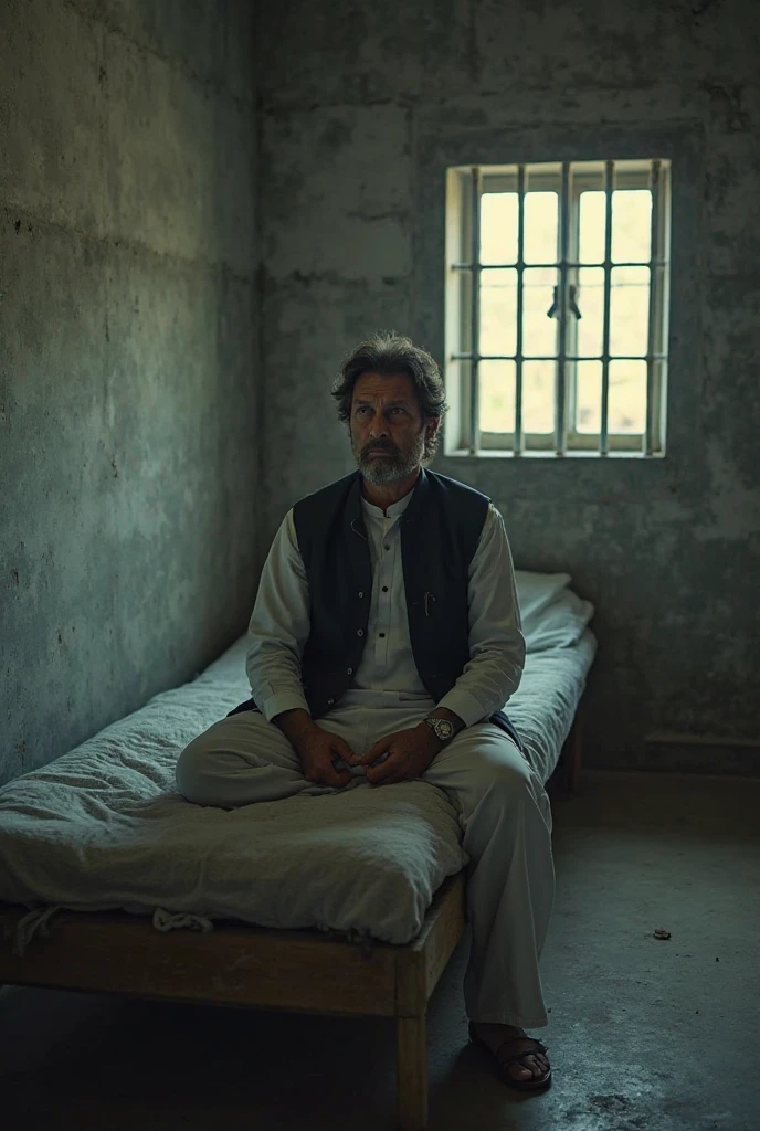 "Create a photo-realistic scene of Imran Khan, the former Prime Minister of Pakistan, sitting in a grim and poorly lit prison cell. He is on a narrow metal bed with a thin, torn mattress, wearing wrinkled and stained white prison clothes that reflect the harsh conditions. The small cell features rough concrete walls and a single barred window allowing minimal light. A vibrant PTI flag hangs prominently on the wall behind him, contrasting sharply with the drab surroundings. Imran Khan's expression shows resilience mixed with fatigue from enduring the tough environment. The cell is in disrepair, with a broken, flickering light bulb, rusty metal bars, and a leaking pipe creating a puddle on the cold floor. A nearby table is cluttered with crumpled papers and an old, dented metal cup, heightening the sense of struggle. Shadows cast by the bars further enhance the feeling of isolation and hardship."