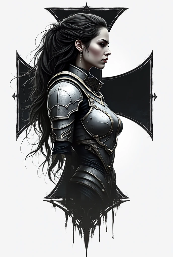 drawing woman, Dark skin, gray eyes, middle Ages, evening, Goddess, Musa, sexy, armor, curvy, manuelsart style illustration, tattooed, Front portrait, he would be, strong look, night cinematic lighting, calles del medievo de evening, black color, Dark,