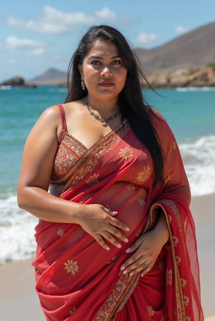 Imagine a provocative and artistic photo series featuring Vidya Balan in a serene beach setting, embodying a sultry and confident persona. Picture her in a 'standing posture without any posture,' exuding allure and grace, wearing the Remelon Womens Sexy Spaghetti Strap Deep V Neck Floral Boho Criss Cross Backless Chiffon Beach Party Long Maxi Dress. The scene subtly explores the concept of 'the large canal between the two breasts,' symbolically represented through the elegant flow of the dress. Vidya Balan celebrates her curves and sensuality as a plus-size MILF exhibitionist amorous lady with small breasts, merging bohemian fashion with a celebration of feminine allure and individuality