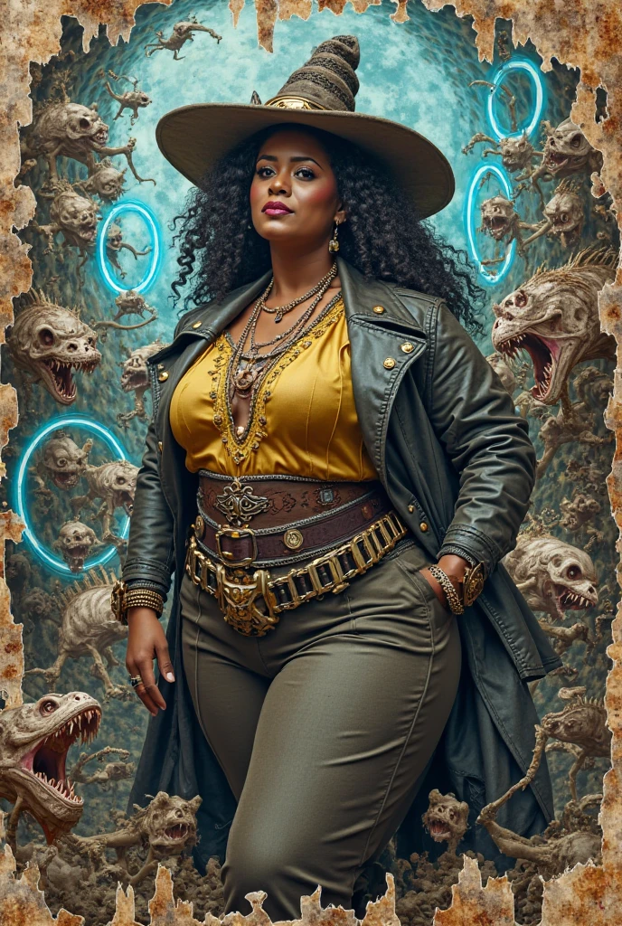 A half ebony, and half Mexican woman, a vampire, has a Chicano style about her, has a great physique, soft demeanor, mature, and wields a weapon. Has braids, glasses, and blue eyes. Coffee and cream colored skin. She shows off her curvaceous body, and standing along the beach at night, only being illuminated by a fire in the distance. She has an ethereal beauty about her, and could steal a man's heart with just her looks alone. She wears something tight that clings to her skin, her eyes are sharp and piercing, and her facial structure is immaculate, cannot be replicated.