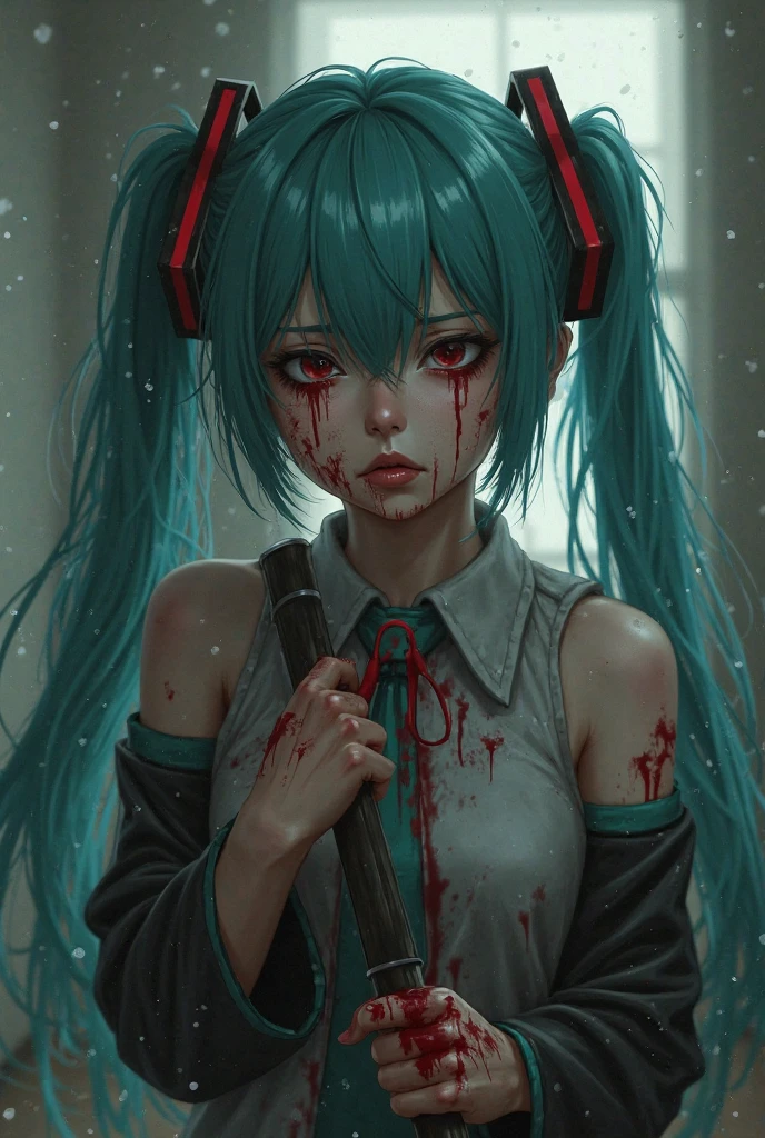 "Hatsune Miku"Blue Face、Blue Skin、Twin tails、Twin tails、Blue skin、Hatsune Miku(blood), (blood splatter), (blood on clothes), (blood stain), hospital, ((nurse uniform)), (holding huge mechanical chainsaw), absurdres, RAW photo, extremely delicate and beautiful, masterpiece, Best Quality, ultra high resolution, 32k, hyperrealistic, ultra-detailed, detailed description, pale skin, 20 years old, tearful mole, earring, Colossal , short medium hair, wavy hair, evil grin, full body shot,