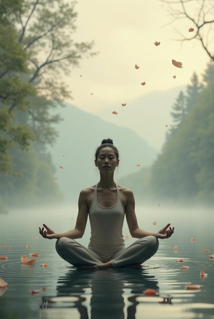 Tantric priestess woman in shorts with tattoos and percings meditating on the banks of a river next to a wolf Photo Realistic --auto