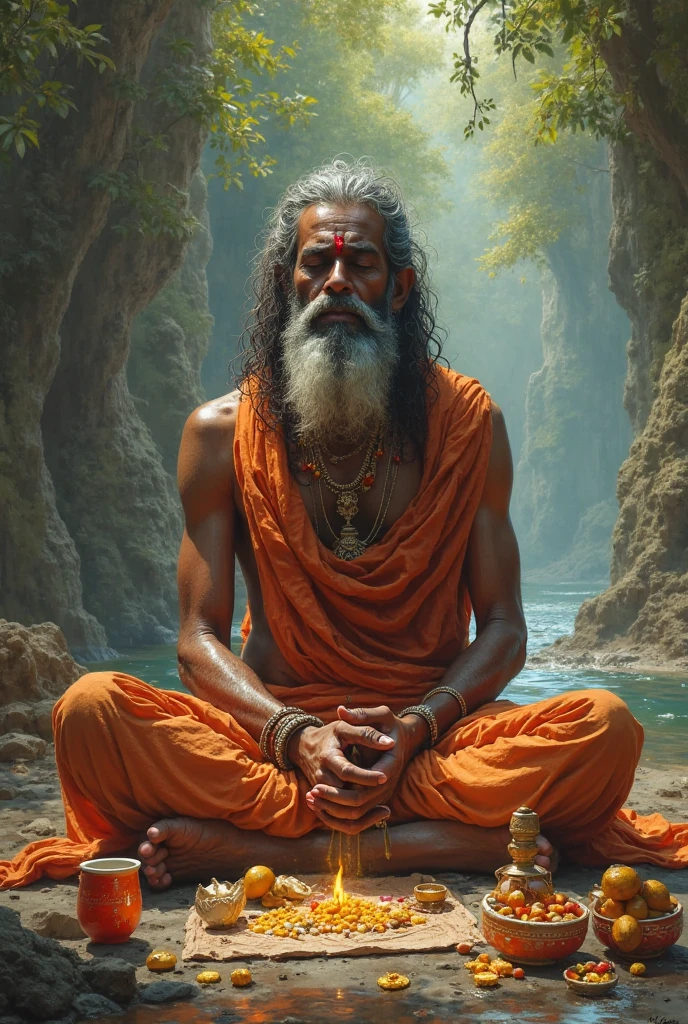 a middle-aged indian man with long hair, detailed facial features, muscular body, meditating in a dark, dense forest, wearing ancient hindu-style robes, serene expression, dramatic lighting, cinematic composition, highly detailed, photorealistic, 8K, HDR